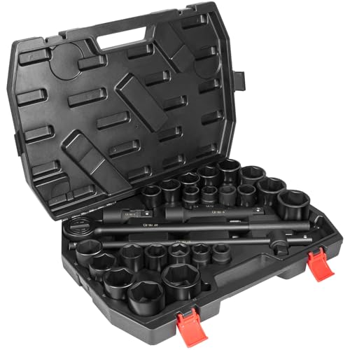 Image of 3 /4 inch Drive Impact Socket Set - 27-Piece Standard SAE (7 /8 inch to 2 inch) and Metric (22 to 50 mm) Size, 4 inch and 8 inch Extension, 18 inch Sliding T Bar and Hand Ratchet Bar, CR-MO Shallow Socket 6 Point