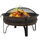 Sunnydaze Cauldron Wood-Burning Outdoor Fire Pit for Patio and Backyard - Round Steel Outside Firepit Bowl with Cover, Removable Ash Pan, Spark Screen, and Poker Tool - Dark Bronze Finish - 34-Inch