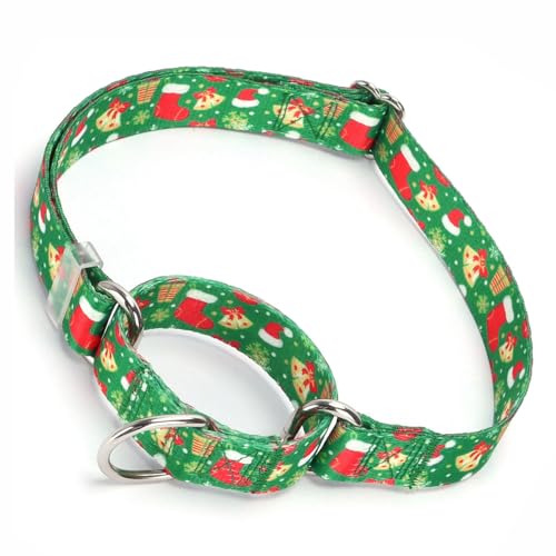 Christmas Martingale Collar for Dogs, Green Cheistmas Xmas Dog Collar No-Slip Escape Proof Choke Cinch Soft Nylon Training No Pull Dog Collars Adjustable for Small Medium Large Breed Pet Dogs, M