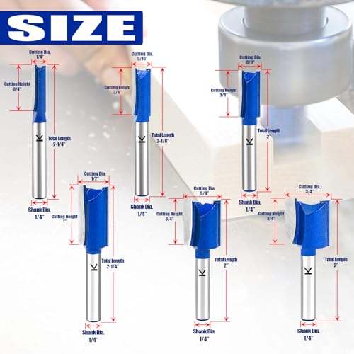 Image of 6Pcs Straight Cut Router Bit Set 1 /4 inch Shank, 3 /4 inch, 5 /8 inch, 1 /2 inch, 3 /8 inch, 5 /16 inch, 1 /4 inch Cutting Dia. for Woodworking, Carbide Tipped Double Flute Dado Straight Router Bit Set