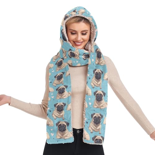 Winter Hooded Scarf for Women Blue Pug Dog Hoodie Hat Scarf Gloves Set Fashion Warm Long Scarf Shawl Wraps With Pocket Soft Headscarf Neckwarmer Hoodie Hat2