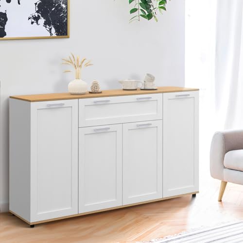 Buffet VITO 140 cm Blanc & Bois 4 portes + tiroir IDMarket