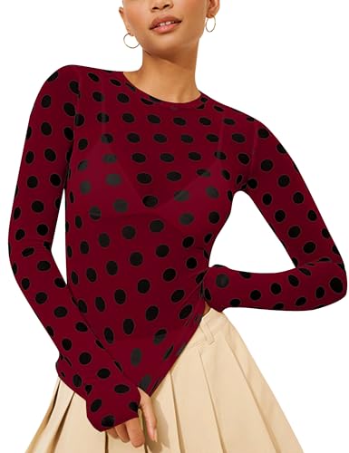 Sujama Polka Dots Lace Mesh Tops for Women Sheer Long Sleeve Top Sexy Crew Neck See Through Shirts Party Club Night Blouses