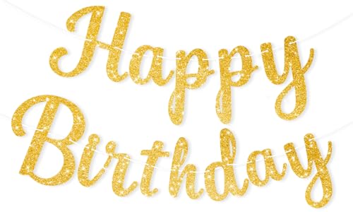 Glitter Gold Happy Birthday Banner Hanging Letter Birthday Sign Wall Door Garland Bunting Flag Happy Birthday Decorations for Women Men Girl Boy Party Supplies