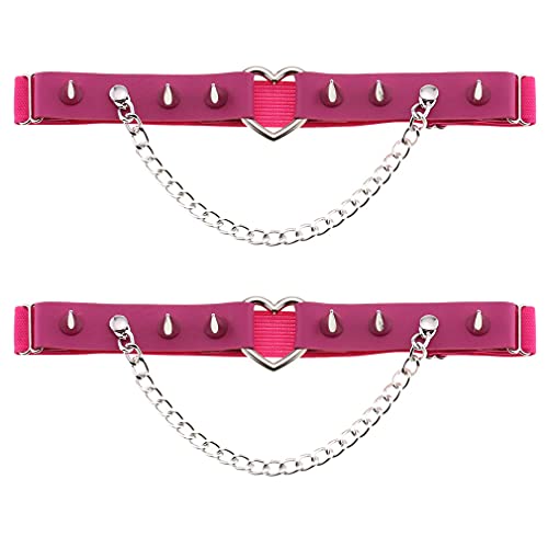 Women Girl Leather Heart Garters Leg Ring Belt Punk Studded Chain Elastic Thigh Ring Garters Adjustable Rose Red #TOP9