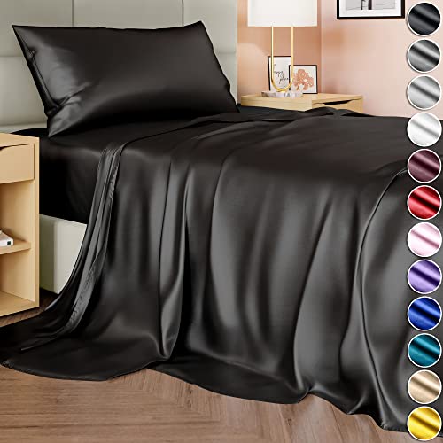 Decolure Satin Sheets Twin Set 3Pcs - Comfy Hotel Luxury Silk Feel Satin Bed Sheets Twin- Elegant Silky Soft Twin Size Satin Bed Set，Wrinkle-Free Twin Black Satin Sheets With Deep Pocket Twin (Black) #TOP6