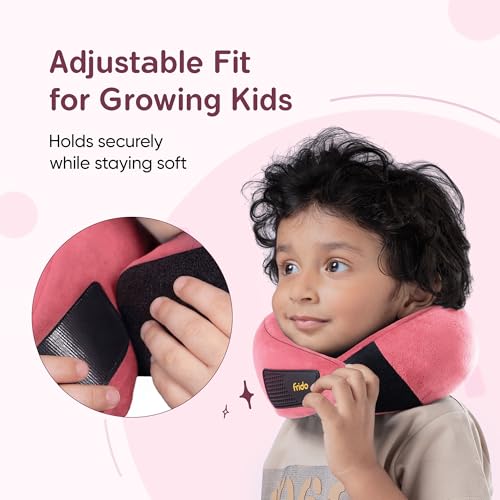 Image of Frido Kids Memory Foam Travel Neck Pillow with Travel Pouch | 360 Chin & Neck Support for Comfortable Sleep | Adjustable Velcro Straps | Ideal for Car, Flight & Road Trips | Pink