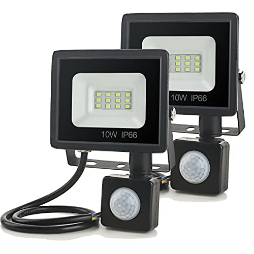 Gopretty Security Light with Motion Sensor 10W 2 Pack, 12 LEDs 1100LM Energy-Saving PIR Led Floodlights IP66 Waterproof 6000K Wall Light Outdoor for Garden, Porch, Garage Daylight White
