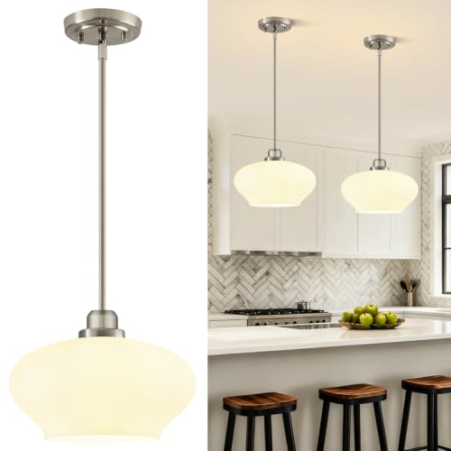 Modern Pendant Lights Kitchen Island, Brushed Nickel Pendant Light Fixtures with 11" Milk Glass Shade, Industrial Hanging Pendant Lights Fixture for Kitchen Island Dining Room Bedroom Hallway Entryway
