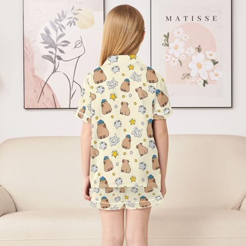 Funny Night Capybara Summer Satin Pajama Set, Cute Button-Down Sleepwear Pj Set for Sleep Wears4