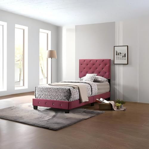 GDFStudio Twin Size Velvet Platform Bed with Button Tufted Headboard, Wood Frame, Box Spring Required, Easy Assembly, Contemporary Modern Comfort for Cozy Transitional Bedrooms, 47" H Cherry
