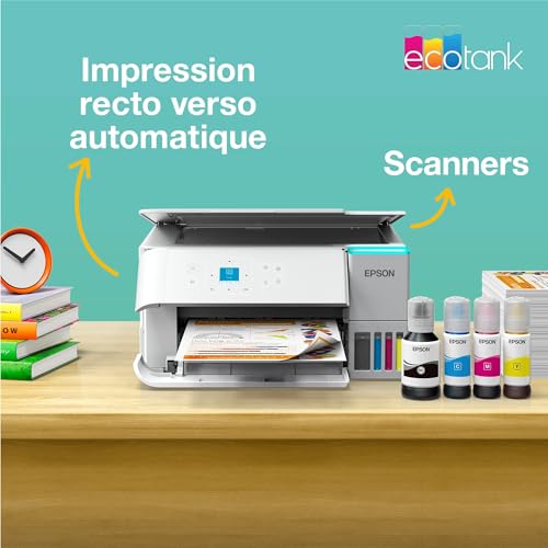 Solution d’impression A4 blanche EcoTank ET-2956 équipée d’une connexion Wi-Fi et de réservoirs d’encre AirPrint avec numérisation, copie et impression recto verso et jusqu’à 3 ans d’encre inclus