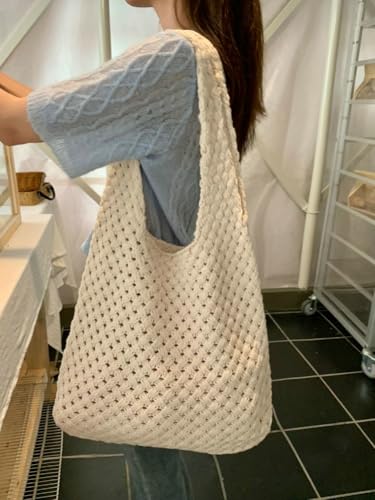 Crochet Knit Shoulder Bag Women Casual Tote Purse Hollow Design Woven Handbag Shopping Beach Travel3