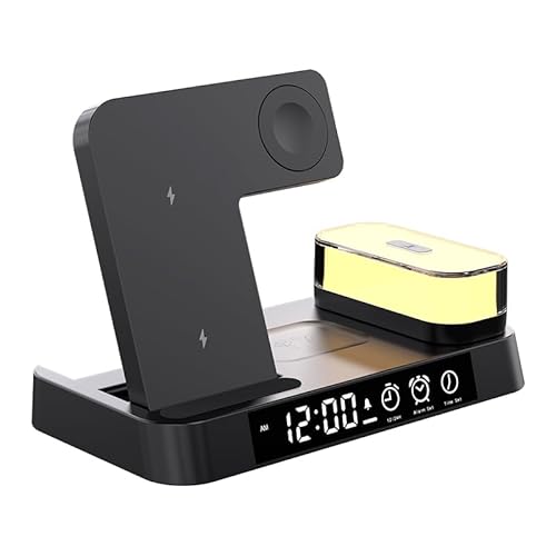 3-in-1 Foldable Wireless Charger Stand with Alarm Clock & LED Night Light | Fast Charging Station for iPhone, Samsung, AirPods & Apple Watch | Portable Smart Desk Organizer (Black)