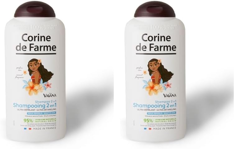 Corine de Farme - Champú Nutritivo 2 en 1 Vaiana para Niños - Producto Infantil Desenredante - para Cabello Seco y Rizado - Perfume Coco - Cosmético Natural - 300ml (Paquete de 2)