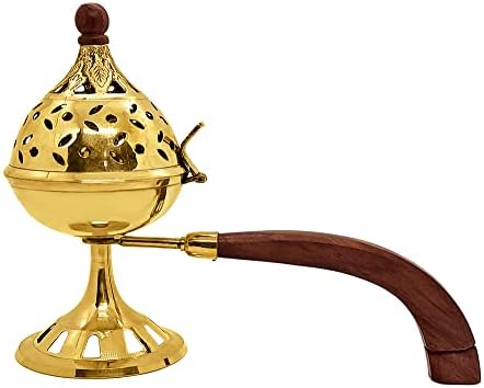 Satvik Pure Brass Incense Dhuni Burner with Long Wooden Handle. Handheld Puja Dhuna Loban Burner Pooja Agarbatti Dhoop Pot Dhuni Stand Indian Housewarming Return Gift Items Bulk