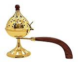 Satvik Pure Brass Incense Dhuni Burner with Long Wooden Handle. Handheld Puja Dhuna Loban Burner Poo