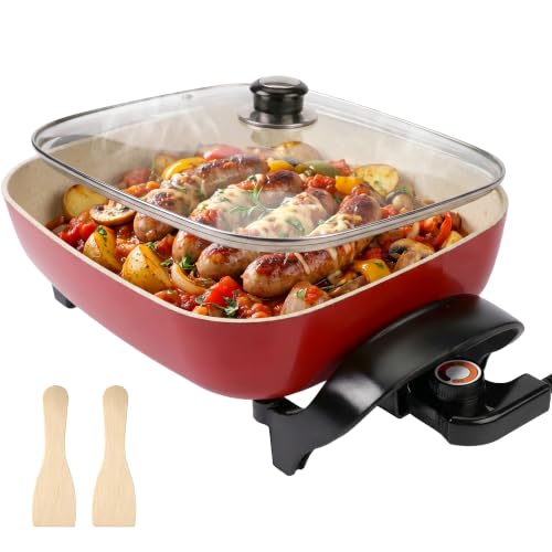 15” Ceramic Nonstick Electric Skillet with Tempered Vented Glass Lid,Thermostat Control to Prevent Overheating,Removable Easy-to-Clean,Vibrant Red