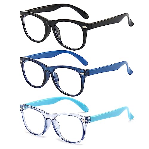 FANNYGO 3 Pack Kid Blue Light Glasses For Kids Girls Boys Computer Blue Light Kids Glasses Clear Glasses Age 3-9 (Black + Dark blue + Light blue)