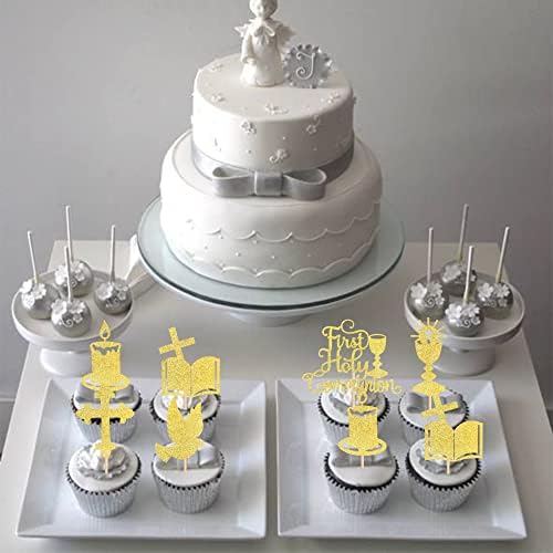 Xsstarmi 36 PCS First Holy Communion Cupcake Toppers Glitter God Bless Dove Cross Cupcake Picks First Communion Cake Decorations for God Christian Baptism Theme Baby Shower Birthday Party Gold