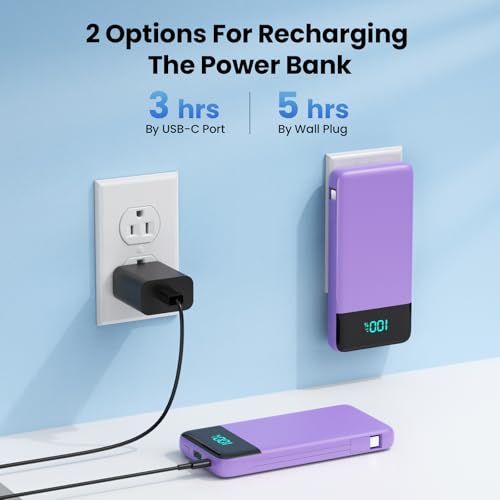 Image of Portable Charger Power Bank for iPhone with Built-in Cables and AC Wall Plug, 13800mAh Ultra Slim Travel Essentials,USB C Fast Charging External Battery Pack for iPhone 17 /16 /13,Galaxy,Android-Purple