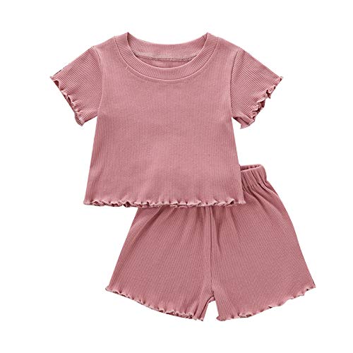 Image of Toddler Girl Clothes Summer Outfit Short Sleeve Shorts Set 12M-5T | Soft ribbed knit toddler girl outfit with breathable fabric, ruffle top, comfy shorts and stretchy fit for summer daily wear.