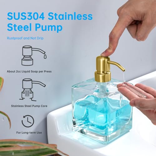 Image of Square Soap Dispenser Brushed Gold Pump, 16.9 oz | Glass Bottle, Stainless Steel Pump, Cube, Large Capacity, Liquid Hand Soap Dispenser Bathroom Kitchen