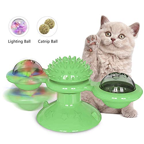 O'woda Pet Windmühle Drehscheibe mit Saugnapf Drehbare, Interaktives Cat Spinning Ball Spielzeug mit Katzenminze und LED Blinkende Lichter, für Katze Zähneknirschen und kratzen (Grün)