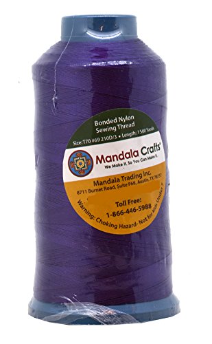Mandala Crafts Tex 70 Bonded Nylon Thread For Sewing - 1500 Yds T70 Heavy Duty True Purple Nylon Thread Size 69 210 D Upholstery Thread For Leather Jeans Weaving #TOP1