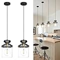 Black Kitchen Pendant Lighting over Island, Modern Glass Pendant Lighting, Hanging Lights for Kitchen Set of 2, Pendant Lights Kitchen Island 2 Pack, Pendant Lamp for Dining Room, Hallway, Sink