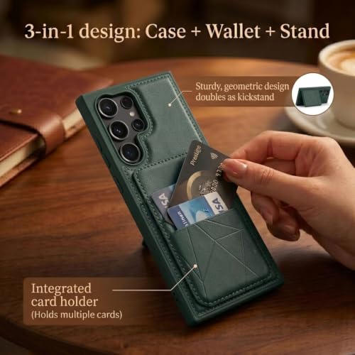 Image of amazon basics Premium Vegan Leather Back Cover with Card Holder and Integrated Mobile Stand for Samsung Galaxy S23 Ultra 5G - Slim Shockproof Wallet Case with Geometric Stitching [Green]