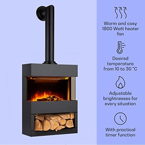 Klarstein Electric Fireplace, Electric Log Burner Indoor, 1800W Electric Fire Free Standing Flame Electric Fire Place with LED Flame Effect, Fake Fireplace, Remote Control, Adjustable Thermostat Timer