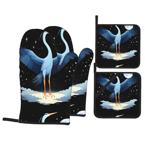 WHJSHOP Juego de cocina con estampado de garza gigante en el cielo estrellado, guantes de horno, traje de cuatro piezas grueso y aislado