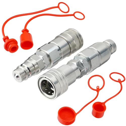 Image of 1 /2 inch Flat Face ISO 16028 to Ag ISO 5675 Pioneer Style Hydraulic Quick Connect Coupler, Skid Steer Hydraulic Coupling Adapter w /Dust Cap