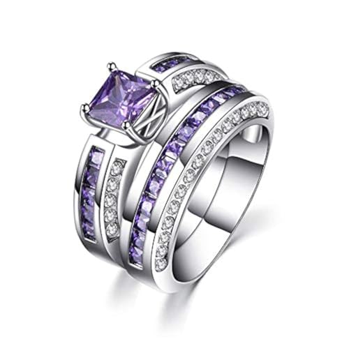 Finemall 2.5ct Amethyst 925 Silver Plated Princess Cut Purple Amethyst Diamond CZ Wedding Gift Engagement Ring Set 2pcs Size 6-10 (US Code 6)