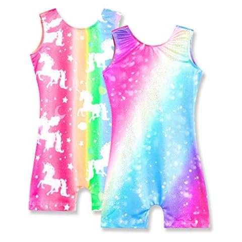 Nymphperi Girls Gymnastics Leotard Size 6-7 Years Old Sparkly Rainbow Biketard with Shorts Shiny Unicorn Unitards 2 Pack Cover