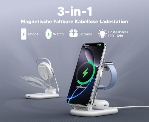 Mag Safe Ladegerät, Ladestation Apple Watch und iPhone, 3 in 1 Mag Safe Ladestation Kompatibel mit iPhone 17e 17 16 15 14 13 12 Pro Max/Air/Plus/Pro, für Apple Watch 10/9,Airpods 3/2/Pro,faltbar