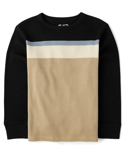 The Children's Place,Boys,Long Sleeve Everyday Casual Knit Shirt,Black Stripe-Waffle,X-Large