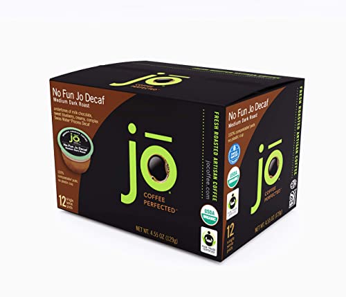 No Fun Jo Decaf: 12 Organic Compostable Pods for Keurig K-Cup Compatible Brewers, Swiss Water Process Eco-Friendly Single Serve Coffee Medium/Dark Roast Fair Trade, Chemical Free by Jo Coffee&reg;