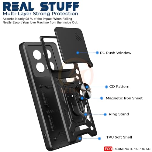 Image of Armor Bumper Back Cover Case for Redmi Note 15 Pro 5G Rotating Camera Cover, Ring Holder & Kickstand | Heavy Duty & 360 Degree Protection Redmi Note 15 Pro 5G Back Cover (Black)