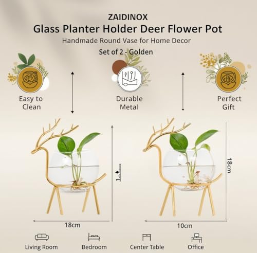 Image of Glass Planter Holder Deer Flower Pot,Round Vase Handmade for Home Decor - Center Table, Bedroom, Living Room and Office Decor Gold Design (Set of 2)
