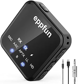 eppfun AK3046C Bluetooth 5.2 Transmitter and Receiver, Qualcomm aptX-Adaptive HD Low Latency Audio Adapter with 3.5 mm AUX for TV/PC and Home Stereo System, TX Mode Pair with 2 Devices (Black)