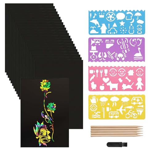 Kit Papel para Rascar 32K – 50 Hojas Arcoíris, 5 Lápices de Bambú, 4 Plantillas & 1 Pincel | Arte Creativo Niños y Adultos – Regalo Cumpleaños Navidad, Actividad Manual Dibujo Multicolor Arcoíris