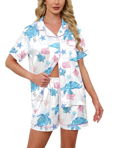 Image of Schbbbta Women Pajamas Set, 2 Pieces Satin Silk Button Down Pjs Short Sleeve Outfits Loungewear