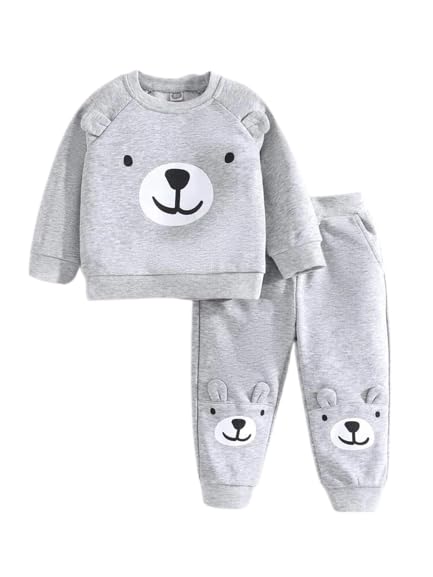 GenericKwikk Furry Fun Animal Fleece Tracksuit | Adorable Cartoon Cat Theme | Toddler Baby Printed Clothing Set T-Shirt, Pajama Pants, And Sweatshirt | Winter Wear For Boys And Girls | Grey | 0-1 Years