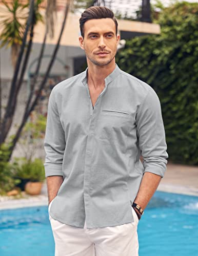 Coofandy Men Linen Beach Shirt Casual Button Down Shirts Stand Collar Linen Summer Shirt Grey #TOP6