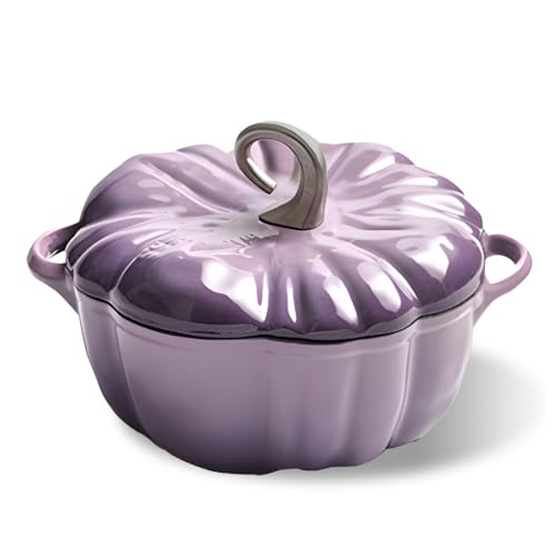Horno holandés de calabaza de hierro fundido con tapa, olla de doble asa, sirve de 3 a 5 pulgadas, ideal para guisos y cazuelas, perfecto para Halloween y Acción de Gracias