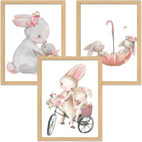 Zamety 3 Pièces Poster Enfant, Affiche Decoration Murale 21 x 30 cm, Lapins Tableau Chambre Fille, Décoration pour Bébés Sans Cadre