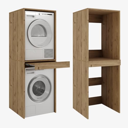 PLATAN ROOM Armoire pour machine à laver et sèche-linge avec plateau coulissant • Meuble pour lave-linge et sèche-linge • Armoire surélevée 187 x 65 x 66 cm...