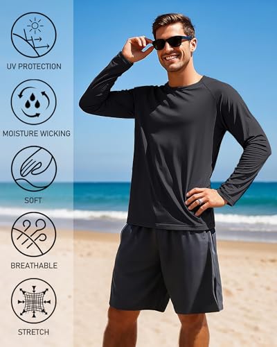 Tansozer UV Shirt Herren Wasser Langarm UPF 50 Sonnenschutz T-Shirt Sport Langarmshirt Atmungsaktiv Wandershirt Sommer, Schwarz, M